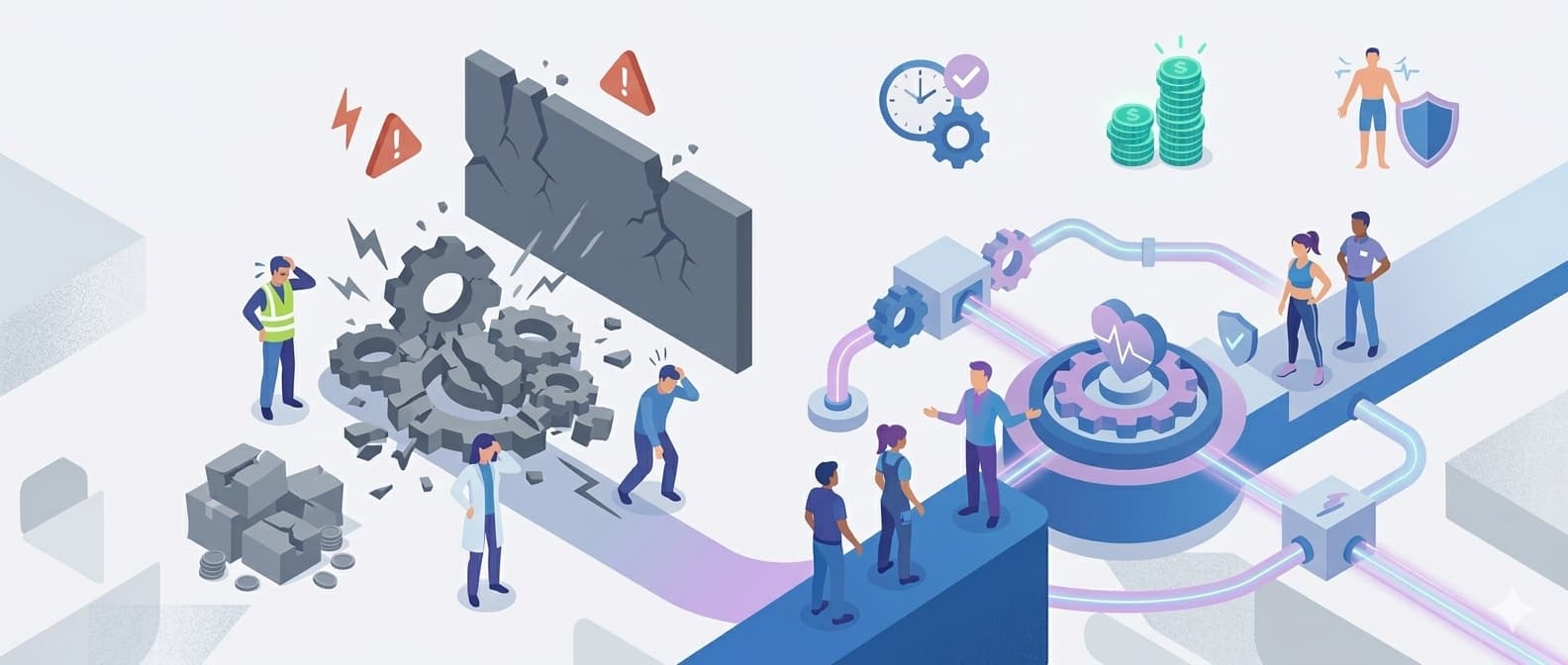 Isometrische Illustration eines effizienten BGM-Systems im modernen, reduzierten Illustrations-Stil mit Fokus auf vernetzte Arbeitsprozesse und Mitarbeitergesundheit.