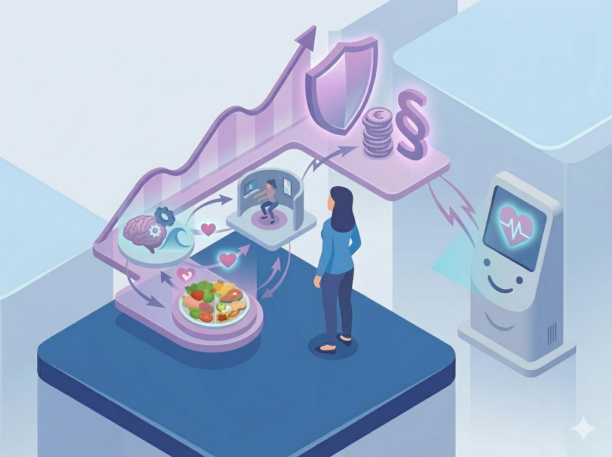 Isometrische Illustration im modernen Stil, die den Zusammenhang zwischen digitaler Prävention, steuerlicher Förderung und messbarem Gesundheitserfolg darstellt.