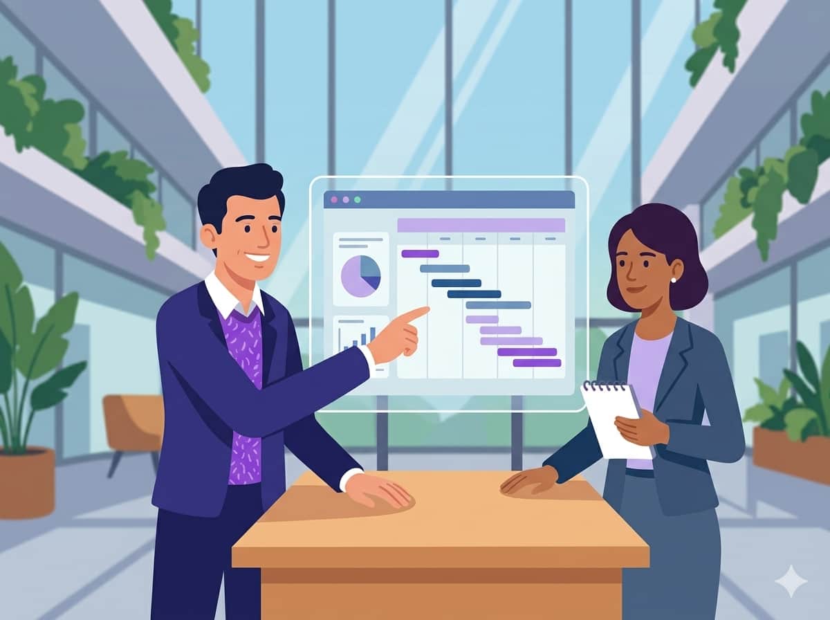 Eine Illustration im modernen Kurzgesagt-Stil, die zwei Personen bei einer Präsentation eines BGM-Aktionsplans auf einem digitalen Dashboard zeigt.