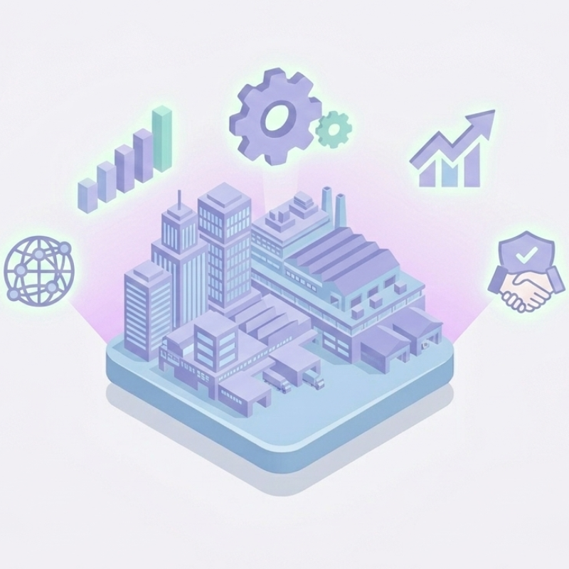 Modernes isometrisches 3D-Icon einer Skyline mit Bürogebäuden auf einer Kachel, umgeben von Symbolen für globale Vernetzung und Sicherheit, passend für betriebliches Gesundheitsmanagement in Konzernen.