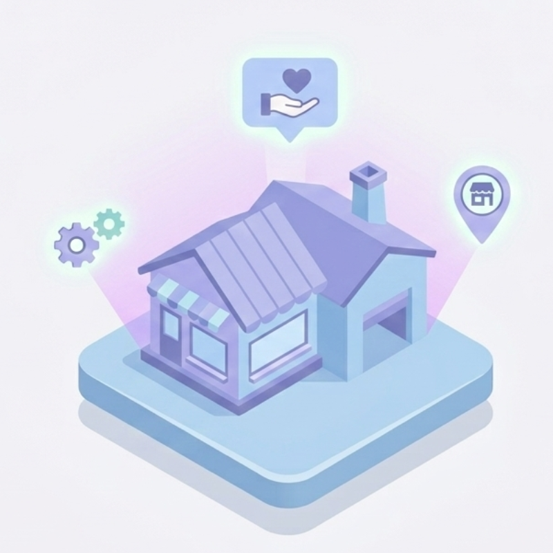 Minimalistisches isometrisches 3D-Icon auf einer hellblauen Kachel, das ein stilisiertes kleines Ladenlokal mit schwebenden Symbolen für Handwerk und persönlichen Service zeigt.