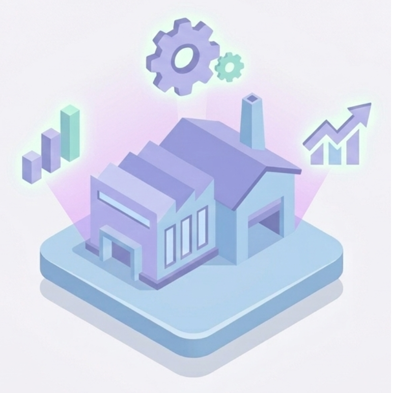 Isometrisches 3D-Icon eines mittelständischen Fabrikgebäudes auf einer blauen Kachel, ergänzt durch schwebende Balkendiagramme und ein Zahnrad-Symbol für strukturierte BGM-Prozesse.