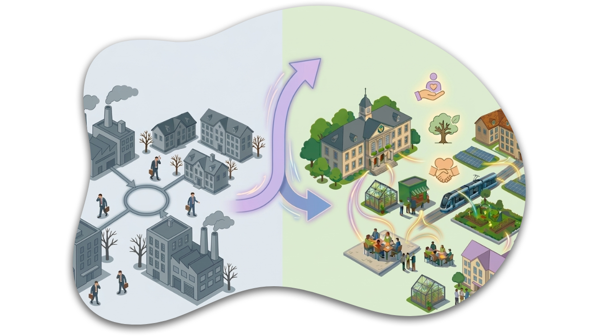 Isometrische Vergleichsgrafik: Eine vertikale Linie trennt das Bild. Links: 'Das Problem – Der Wachstumszwang', dargestellt durch eine graue, monotone Industrielandschaft mit rauchenden Schornsteinen und isolierten Fabriken. Rechts: 'Die Lösung – Gemeinwohl-Resilienz', visualisiert als lebendiger, grüner und vernetzter kommunaler Campus mit integriertem Rathaus, Windrad, Solardächern und Gemeinschaftsgärten. Ein großer violetter Pfeil führt dynamisch von links nach rechts und symbolisiert 'Die Wende'.